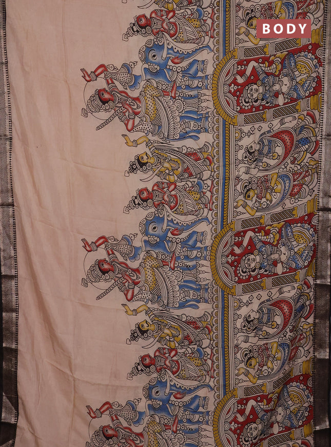 Kalamkari semi silk saree beige and black with allover prints and mangalgiri border