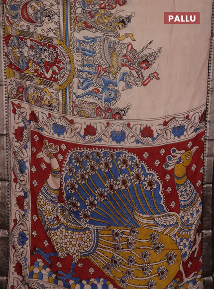 Kalamkari semi silk saree beige and black with allover prints and mangalgiri border