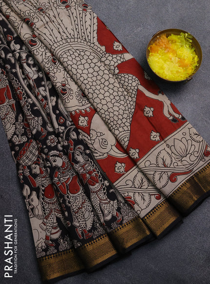 Kalamkari semi silk saree black with allover prints and mangalgiri border
