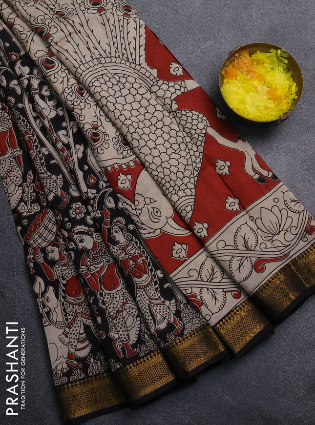 Kalamkari semi silk saree black with allover prints and mangalgiri border