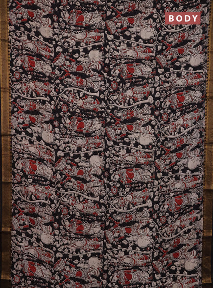 Kalamkari semi silk saree black with allover prints and mangalgiri border