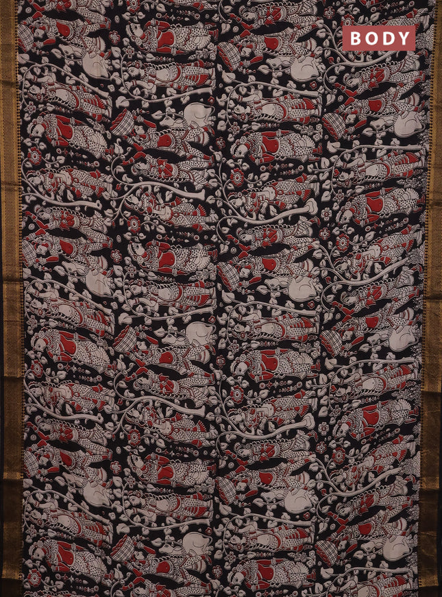 Kalamkari semi silk saree black with allover prints and mangalgiri border