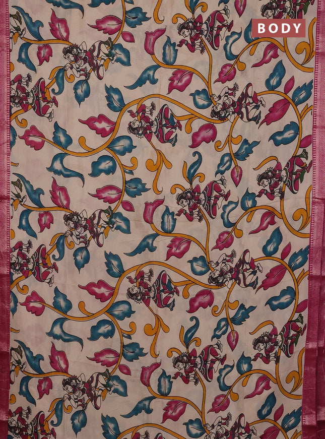Kalamkari semi silk saree beige and magenta pink with allover prints and mangalgiri border