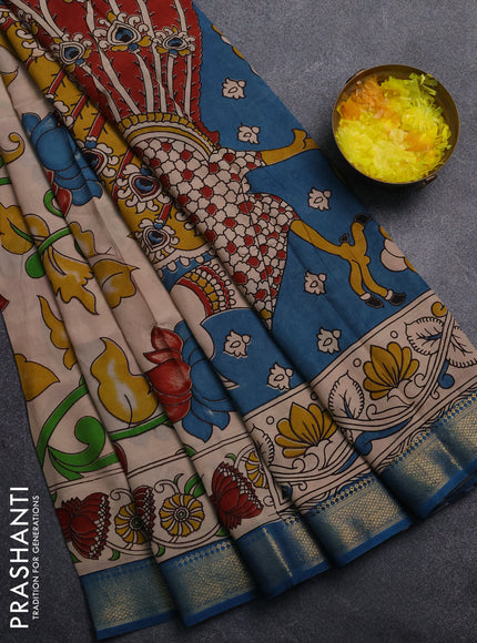 Kalamkari semi silk saree beige and peacock blue with allover prints and mangalgiri border