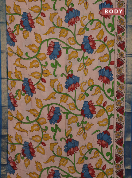 Kalamkari semi silk saree beige and peacock blue with allover prints and mangalgiri border