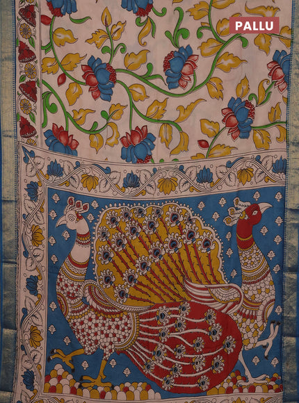 Kalamkari semi silk saree beige and peacock blue with allover prints and mangalgiri border