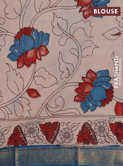 Kalamkari semi silk saree beige and peacock blue with allover prints and mangalgiri border