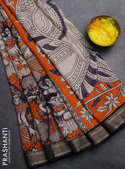Kalamkari semi silk saree deep lavender and black with allover prints and mangalgiri border