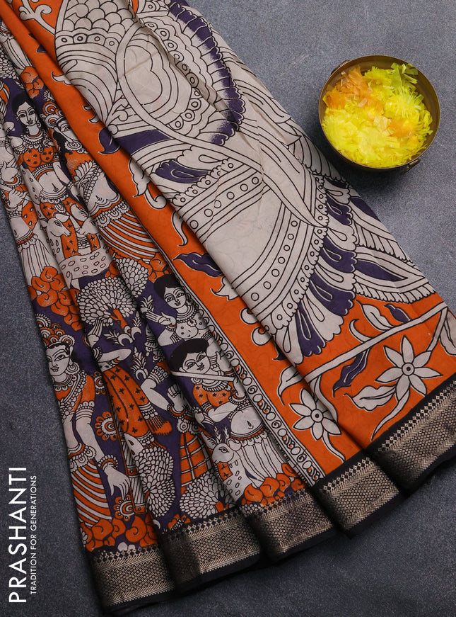 Kalamkari semi silk saree deep lavender and black with allover prints and mangalgiri border