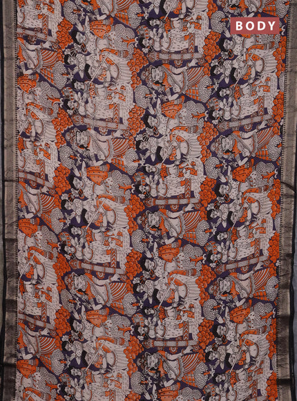 Kalamkari semi silk saree deep lavender and black with allover prints and mangalgiri border
