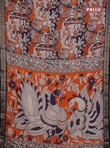 Kalamkari semi silk saree deep lavender and black with allover prints and mangalgiri border