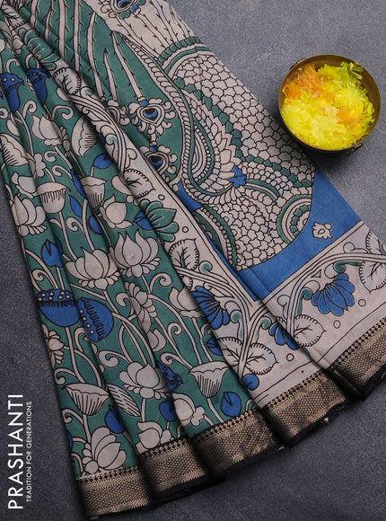 Kalamkari semi silk saree pastel green and black with allover prints and mangalgiri border
