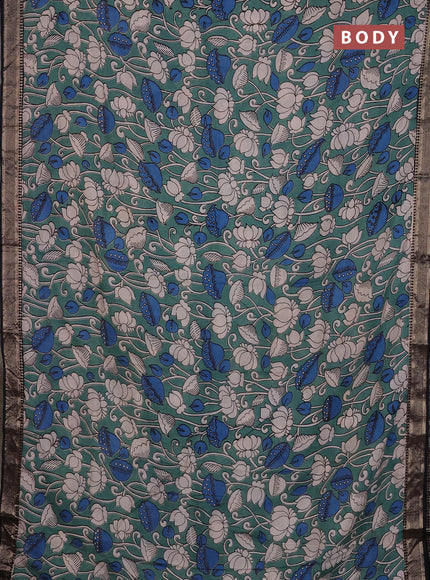 Kalamkari semi silk saree pastel green and black with allover prints and mangalgiri border