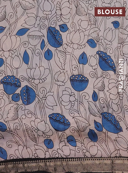 Kalamkari semi silk saree pastel green and black with allover prints and mangalgiri border