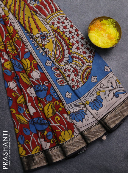 Kalamkari semi silk saree maroon and black with allover prints and mangalgiri border