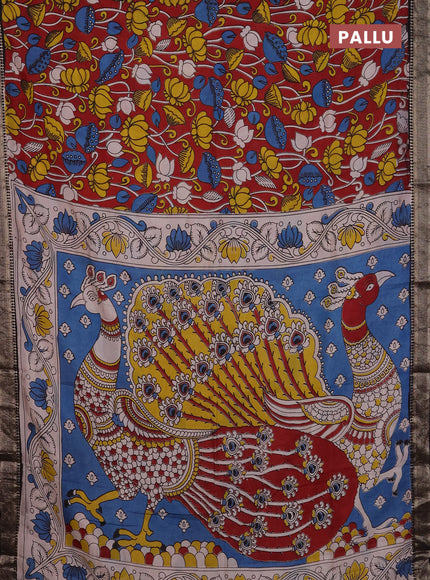 Kalamkari semi silk saree maroon and black with allover prints and mangalgiri border