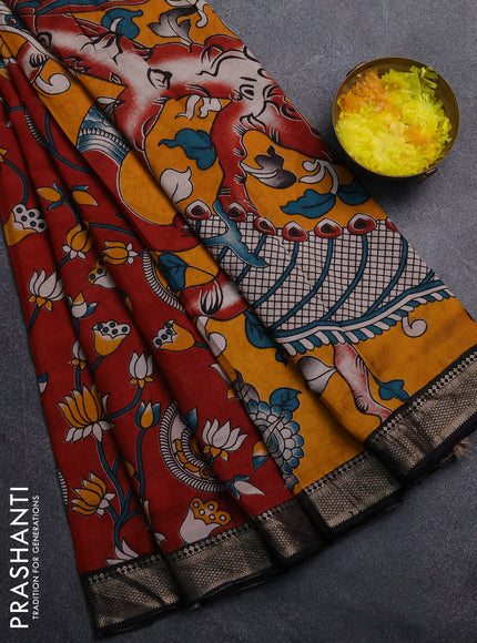 Kalamkari semi silk saree maroon and black with allover prints and mangalgiri border