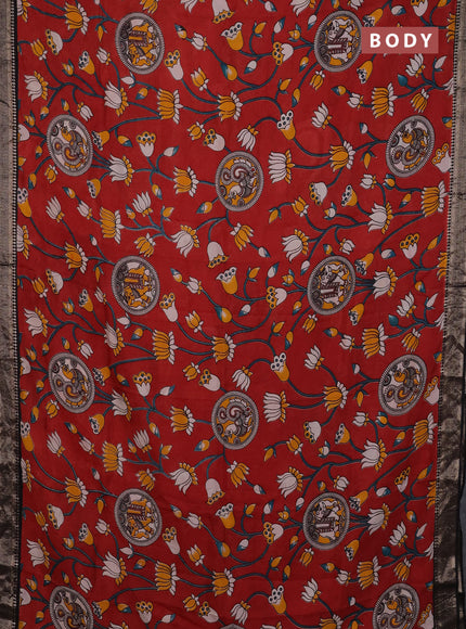 Kalamkari semi silk saree maroon and black with allover prints and mangalgiri border