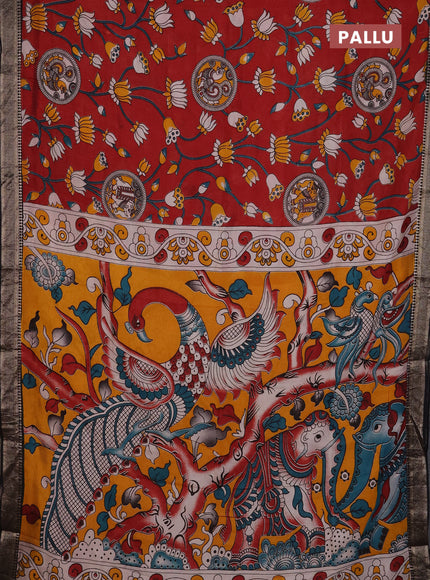 Kalamkari semi silk saree maroon and black with allover prints and mangalgiri border