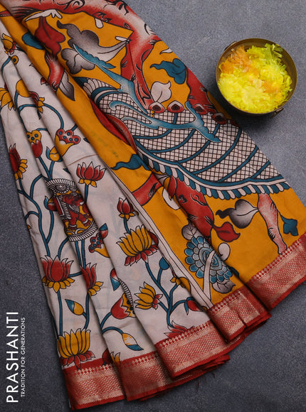 Kalamkari semi silk saree beige and maroon with allover prints and mangalgiri border