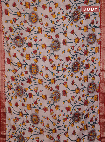 Kalamkari semi silk saree beige and maroon with allover prints and mangalgiri border
