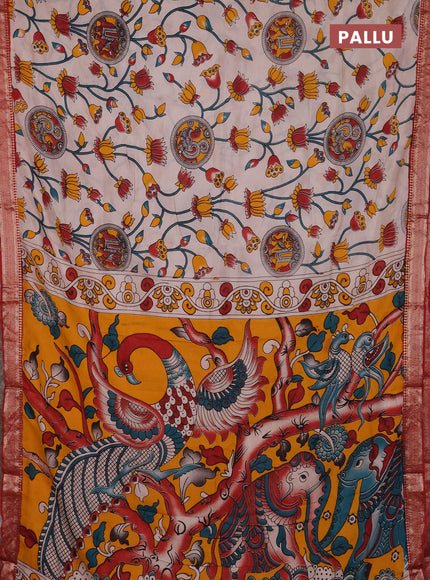 Kalamkari semi silk saree beige and maroon with allover prints and mangalgiri border