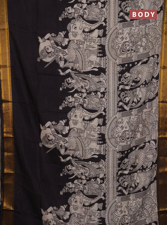 Kalamkari semi silk saree black and jamun shade with allover prints and mangalgiri border