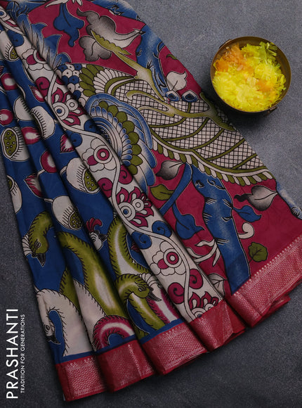 Kalamkari semi silk saree peacock blue and pink with allover prints and mangalgiri border