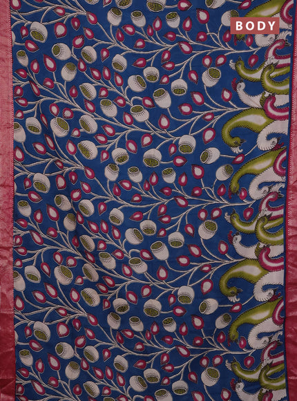 Kalamkari semi silk saree peacock blue and pink with allover prints and mangalgiri border