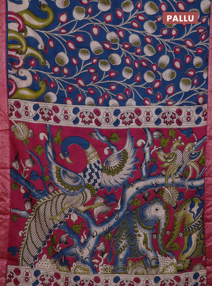 Kalamkari semi silk saree peacock blue and pink with allover prints and mangalgiri border
