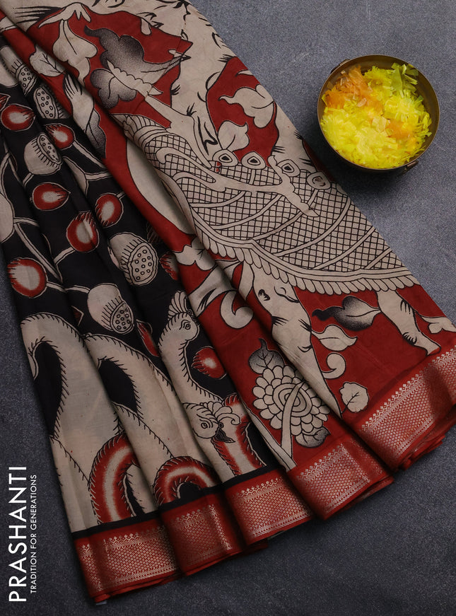 Kalamkari semi silk saree black and rust shade with allover prints and mangalgiri border