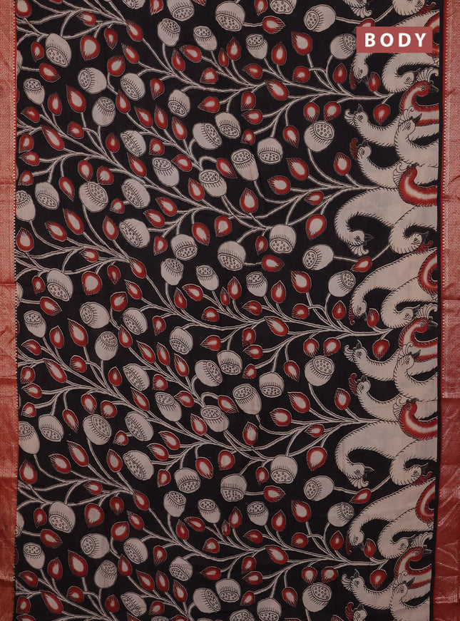 Kalamkari semi silk saree black and rust shade with allover prints and mangalgiri border