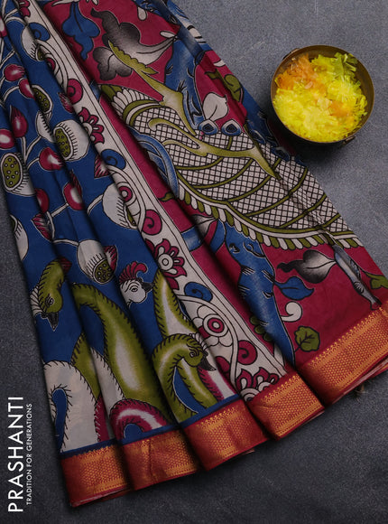 Kalamkari semi silk saree peacock blue and maroon with allover prints and mangalgiri border