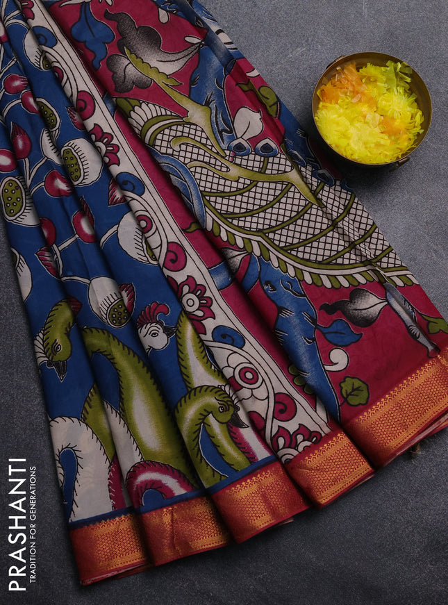Kalamkari semi silk saree peacock blue and maroon with allover prints and mangalgiri border