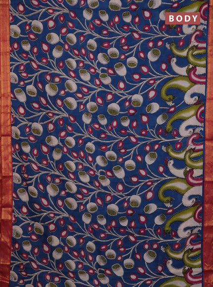 Kalamkari semi silk saree peacock blue and maroon with allover prints and mangalgiri border