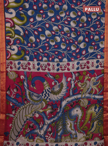 Kalamkari semi silk saree peacock blue and maroon with allover prints and mangalgiri border