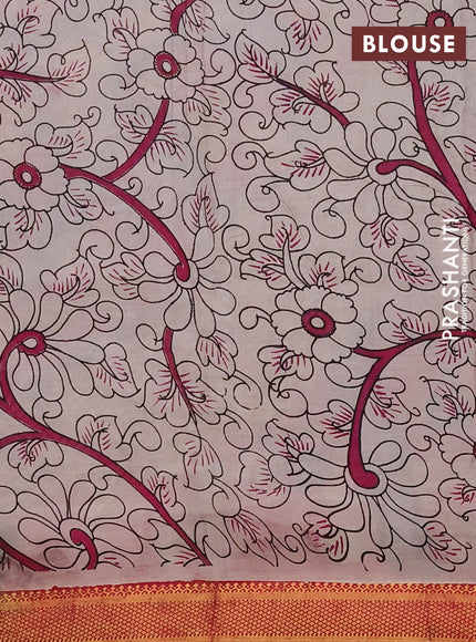 Kalamkari semi silk saree peacock blue and maroon with allover prints and mangalgiri border