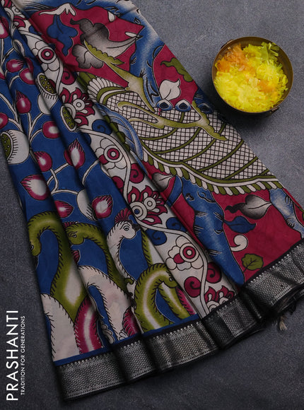 Kalamkari semi silk saree peacock blue and black with allover prints and mangalgiri border