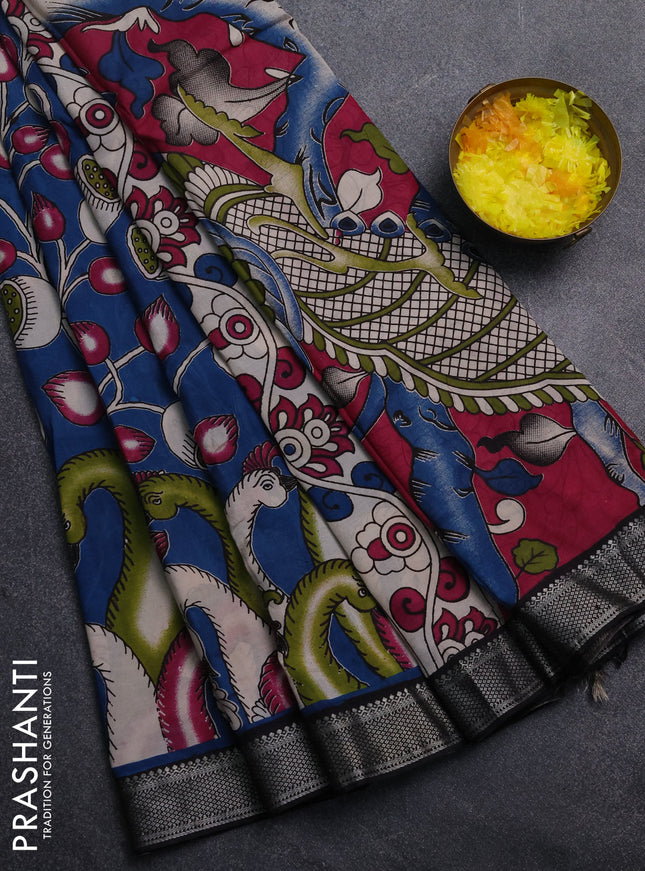 Kalamkari semi silk saree peacock blue and black with allover prints and mangalgiri border