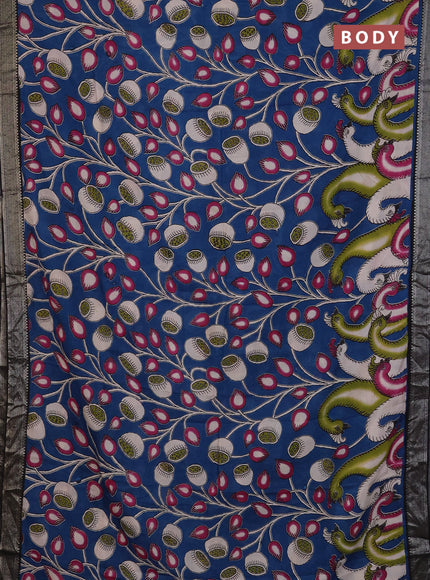 Kalamkari semi silk saree peacock blue and black with allover prints and mangalgiri border