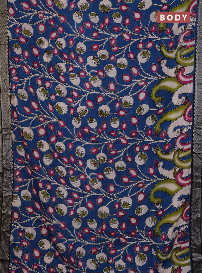 Kalamkari semi silk saree peacock blue and black with allover prints and mangalgiri border