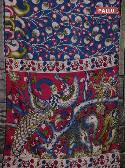 Kalamkari semi silk saree peacock blue and black with allover prints and mangalgiri border