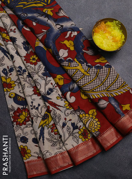 Kalamkari semi silk saree beige and maroon with allover prints and mangalgiri border
