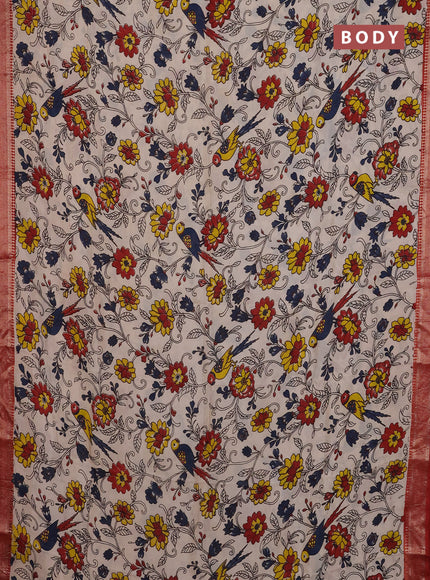 Kalamkari semi silk saree beige and maroon with allover prints and mangalgiri border