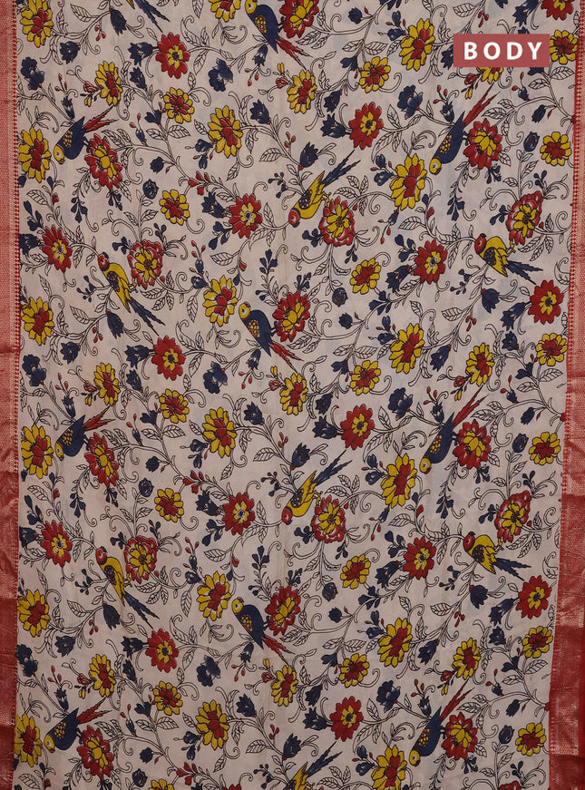 Kalamkari semi silk saree beige and maroon with allover prints and mangalgiri border
