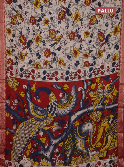 Kalamkari semi silk saree beige and maroon with allover prints and mangalgiri border