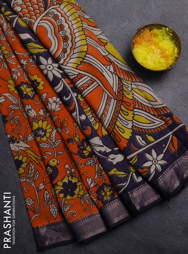 Kalamkari semi silk saree orange and deep violet with allover prints and mangalgiri border