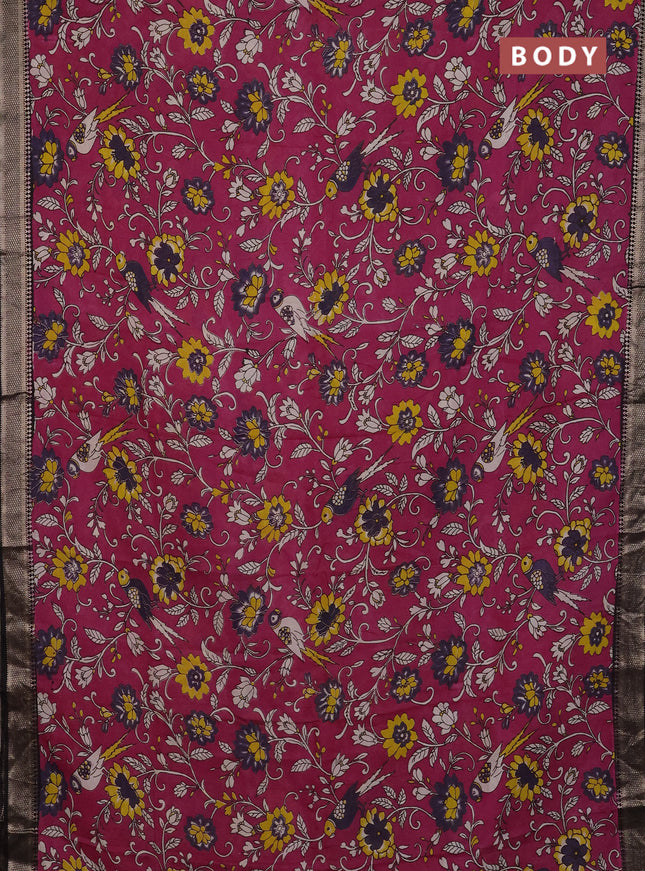 Kalamkari semi silk saree magenta pink and black with allover prints and mangalgiri border