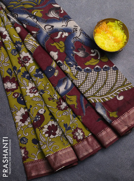 Kalamkari semi silk saree light green and wine shade with allover prints and mangalgiri border