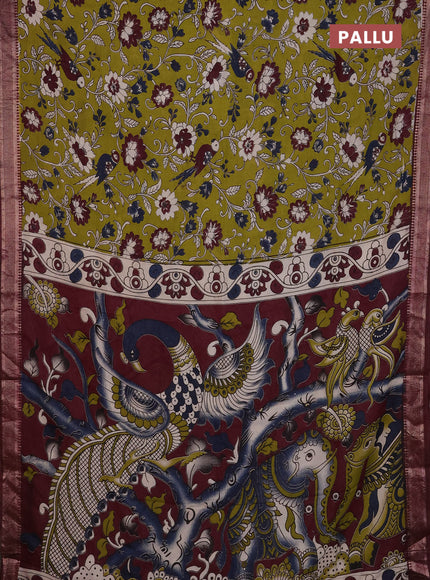 Kalamkari semi silk saree light green and wine shade with allover prints and mangalgiri border